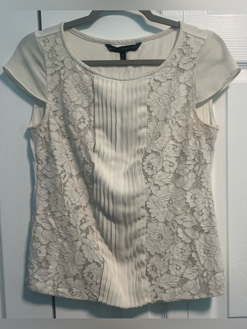 White House Black Market White Lace Blouse With Pleated Front Panel